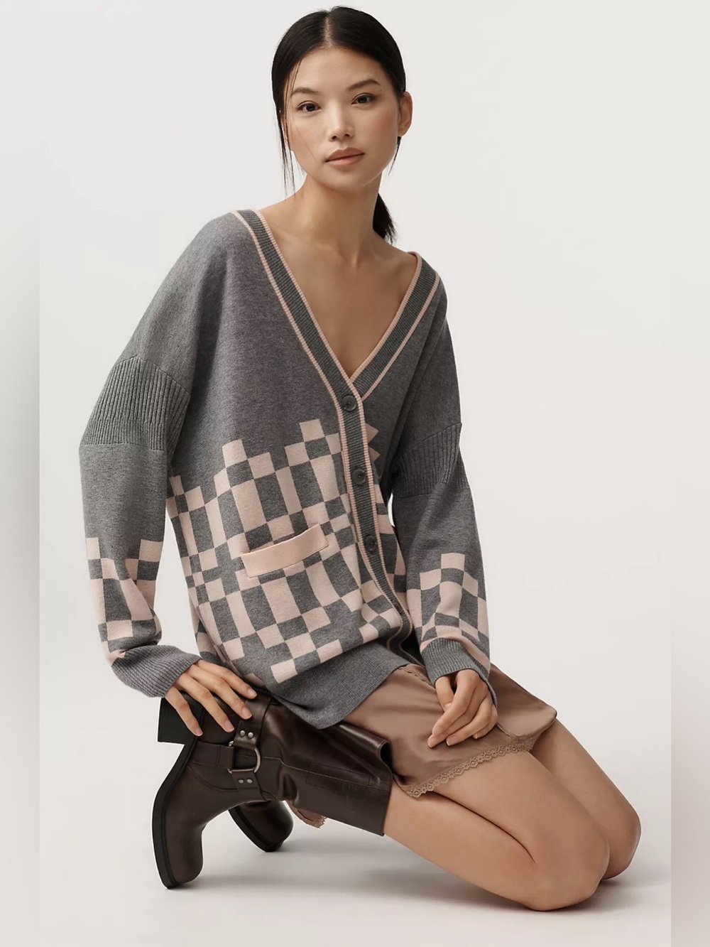 NWT Anthropologie Maeve Grey Pattern Oversized Cardigan Sweater Size Medium